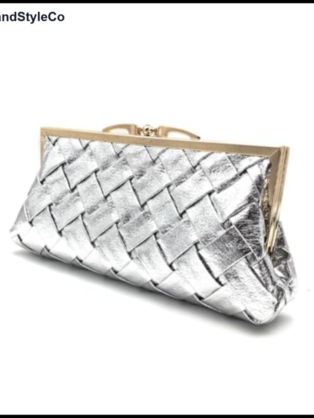 Checkered Evening Clutch Purse Woven Microfiber Leather Gold-Plated Frame